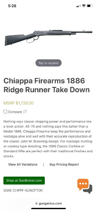 Chiappa firearms 1886 ridge runner 45/70 