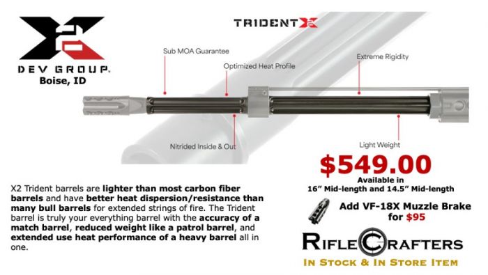 X2 Development Trident Barrel 16&quot; Mid-Length Gas S