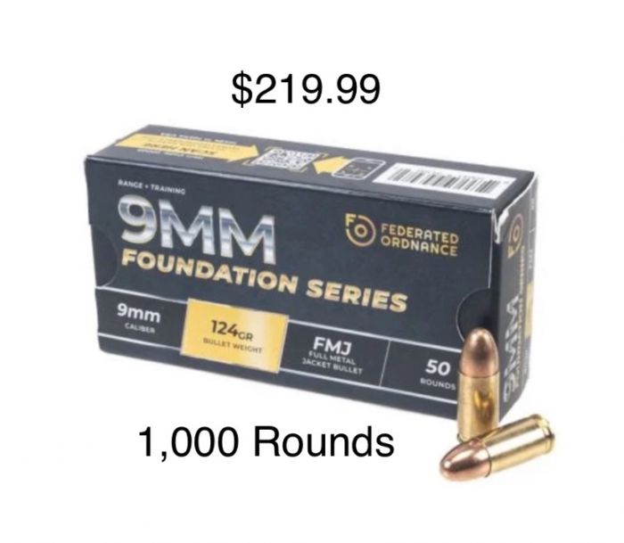 1 Day Sale! 9mm 124 Gr NATO. $219.99 / 1,000 Rnds