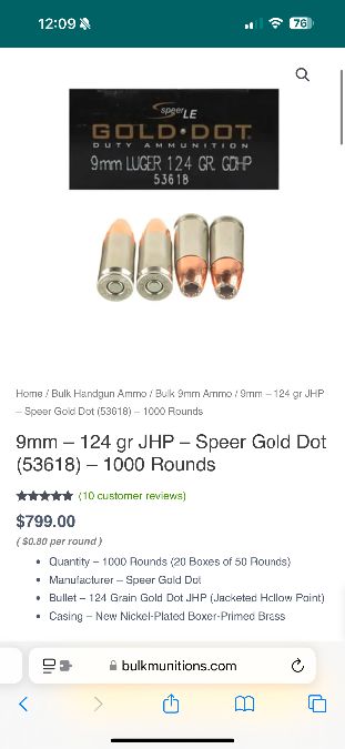 500 rounds of Speer 124G Gold dot hollow points